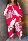 Dark Red Graphics Print Off Shoulder Long Sleeve Vacation Loose Casual Outing Harem Jumpsuit