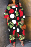 Dark Red Graphics Print Off Shoulder Long Sleeve Vacation Loose Casual Outing Harem Jumpsuit