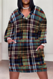 Yellow Green Plaid Print  V Neck Short Sleeve Casual Vacation Loose Pockets Plus Size Midi T-Shirt Dress