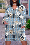 Black White Flowers Plaid Print  V Neck Short Sleeve Casual Vacation Loose Pockets Plus Size Midi T-Shirt Dress