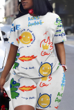 White Casual Graphics Print O Neck Short Sleeve Oversize T Shirt And Shorts Two Pieces Matching Sets