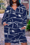 Blue Casual Graphics Print V Neck Long Sleeve Knee Length Pocket Straight Loose Midi Dress