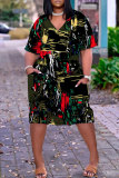 Dark Purple Graphics Print V Neck Short Sleeve Loose Pockets Straight Casual Midi T-Shirt Dress