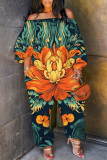 Rose Graphics Boho Print Off Shoulder Long Sleeve Vacation Loose Casual Outing Harem Jumpsuit