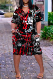Dark Purple Graphics Print V Neck Short Sleeve Loose Pockets Straight Casual Midi T-Shirt Dress