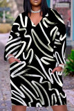 White Casual Graphics Print V Neck Long Sleeve Knee Length Pocket Straight Loose Midi Dress