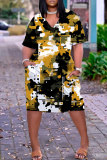 Dark Purple Graphics Print V Neck Short Sleeve Loose Pockets Straight Casual Midi T-Shirt Dress