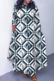 White Boho Graphics Print O Neck 3/4 Sleeve Strap Design Belted Floor Length Plus Size Vacation Loose A Line Maxi Dress