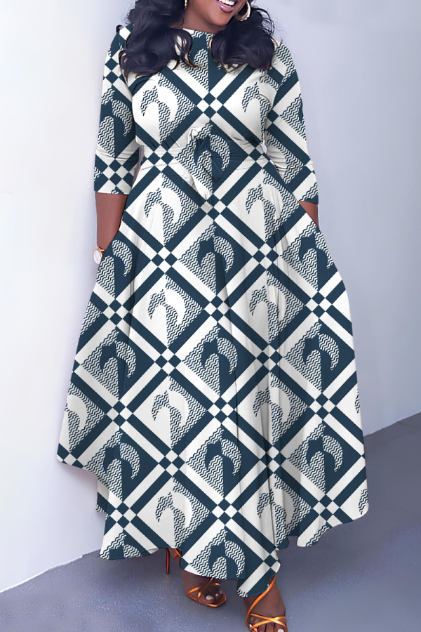 White Boho Graphics Print O Neck 3/4 Sleeve Strap Design Belted Floor Length Plus Size Vacation Loose A Line Maxi Dress