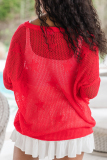 Red The Stars Print Weave O Neck Hollow Out Casual Knitted Sweater Tops