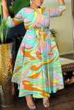 Multicolor Graphics Print O Neck 3/4 Sleeve Belted Pockets Long Vacation Casual Pleated A Line Maxi Dresses