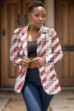 Red Formal Office Casual Graphics Print Cardigan Turn-back Collar Long Sleeve Blazer Jackets