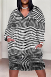 Yellow Green Plaid Print  V Neck Short Sleeve Casual Vacation Loose Pockets Plus Size Midi T-Shirt Dress