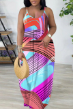 Light Red Boho Graphics Print Backless Floor Length Vacation Baggy Plus Size Sundress Slip Maxi Dress