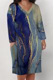 Dark Blue Casual Graphics Print V Neck Long Sleeve Knee Length Pocket Straight Loose Midi Dress