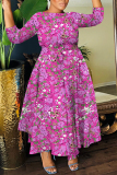 Blue Graphics Print O Neck 3/4 Sleeve Belted Pockets Long Vacation Casual Pleated A Line Maxi Dresses