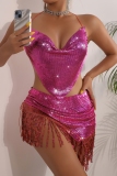 Rose Red Fringed Trim Sequins Backless Sleeveless Irregular Belted Halter Crop Tops and Tassel Mini Skirt Night Club Two Pieces Dress Sets