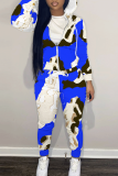 Blue Graphics Print Hooded Zipper Long Sleeve Sweatshirts And Drawstring Pants Two Pieces Sportwear Casual Sweatsuits Sets