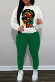 Black Graphics Print O Neck Long Sleeve Sweatshirt And Skinny Pants Sportwear Casual Two Pieces Sweatpant Sets