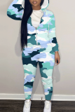 Blue Graphics Print Hooded Zipper Long Sleeve Sweatshirts And Drawstring Pants Two Pieces Sportwear Casual Sweatsuits Sets