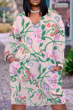Blue Casual Graphics Print V Neck Long Sleeve Knee Length Pocket Straight Loose Midi Dress