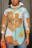 Black Floral Print Shirt Collar Long Sleeve Buttons Slit Casual Vacation Shirt Tops
