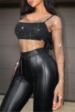 White V Neck Long Sleeve Hollow Out See-Through Night Club Rhinestone Mesh Tops