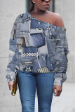 Blue Khaki Casual Faux Denim Print Oblique Collar Long Sleeve Fall Winter Sweatshirt