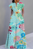 Light Blue Graphics Print V Neck Short Sleeve Casual Vacation Wide Leg Jumpsuit