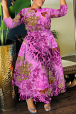 Rose Red Graphics Floral Print O Neck 3/4 Sleeve Belted Vacation Loose A Line Maxi Dress