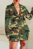 Brown Casual Graphics Print Buttons Turn-back Collar Long Sleeve Blazer Jackets And Shorts Two Pieces Shorts Sets