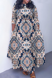 White Boho Graphics Print O Neck 3/4 Sleeve Strap Design Belted Floor Length Plus Size Vacation Loose A Line Maxi Dress