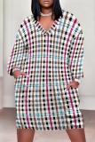 Yellow Green Plaid Print  V Neck Short Sleeve Casual Vacation Loose Pockets Plus Size Midi T-Shirt Dress