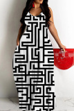 White Graphics Print Backless Floor Length Vacation Baggy Plus Size Sundress Slip Maxi Dress