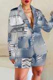 Brown Casual Graphics Print Buttons Turn-back Collar Long Sleeve Blazer Jackets And Shorts Two Pieces Shorts Sets