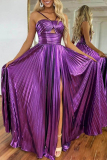 Glod Sleeveless Slit Formal Evening Party Prom Pleated Strapless Halter Metallic Maxi Dresses