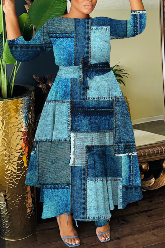 Blue Graphics Print O Neck 3/4 Sleeve Belted Pockets Long Vacation Casual Pleated A Line Maxi Dresses