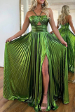 Glod Sleeveless Slit Formal Evening Party Prom Pleated Strapless Halter Metallic Maxi Dresses