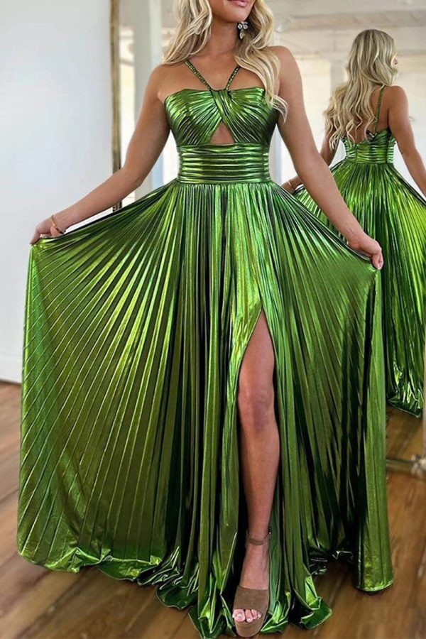 Glod Sleeveless Slit Formal Evening Party Prom Pleated Strapless Halter Metallic Maxi Dresses