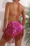 Rose Red Fringed Trim Sequins Backless Sleeveless Irregular Belted Halter Crop Tops and Tassel Mini Skirt Night Club Two Pieces Dress Sets