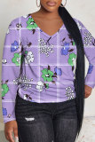 Blue Purple Floral Print V Neck Long Sleeve Casual Fall Winter Plus Size Long Sleeve T Shirt