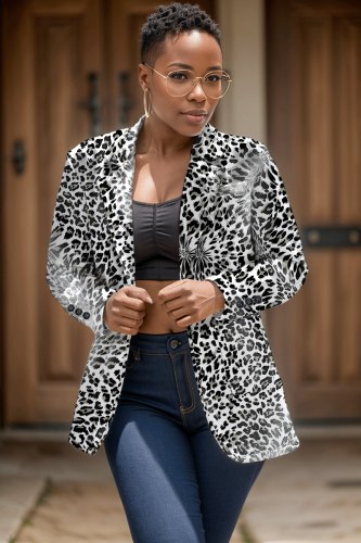 Grey Formal Office Turn-back Collar Long Sleeve Cardigan Floral Blazer Jackets