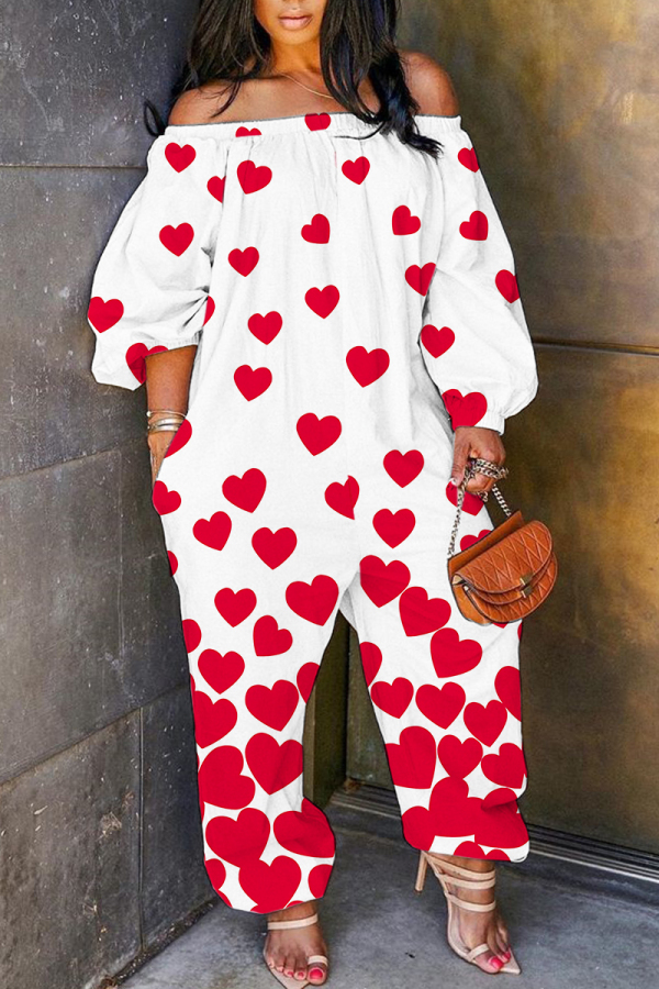 White Red Graphics Boho Print Off Shoulder Long Sleeve Vacation Loose Casual Outing Harem Jumpsuit