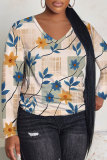 Blue Purple Floral Print V Neck Long Sleeve Casual Fall Winter Plus Size Long Sleeve T Shirt