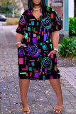 Dark Purple Graphics Print V Neck Short Sleeve Loose Pockets Straight Casual Midi T-Shirt Dress