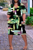 Dark Purple Graphics Print V Neck Short Sleeve Loose Pockets Straight Casual Midi T-Shirt Dress