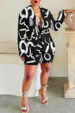 Brown Casual Graphics Print Buttons Turn-back Collar Long Sleeve Blazer Jackets And Shorts Two Pieces Shorts Sets