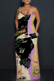 Dark Blue Graphics Print Sleeveless Backless Floor Length Casual Outing Straight Loose Floral Maxi Slip Dress