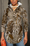 Brown Graphics Print Shirt Collar Long Sleeve Buttons Slit Casual Vacation Shirt Tops