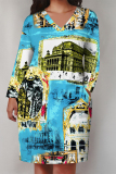 Dark Blue Casual Graphics Print V Neck Long Sleeve Knee Length Pocket Straight Loose Midi Dress
